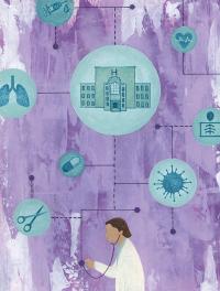 Illustration of a doctor using a stethoscope, surrounded by icons such as a hospital building, lungs, a pill, a virus, and a heart